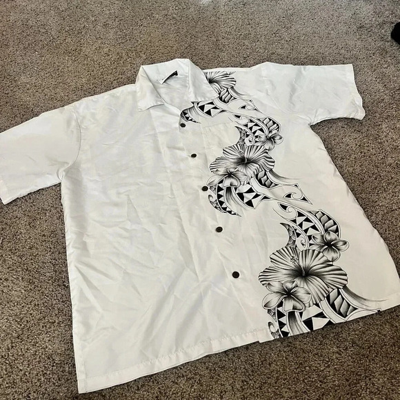 Makani Hawaii Shirt Mens Large White B&W Floral Microfiber Hawaiian Aloha Tribal - Picture 7 of 9